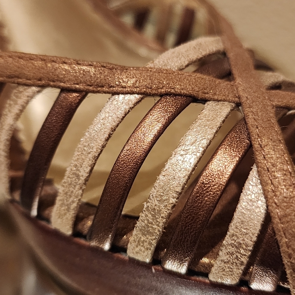 Jessica Simpson Leather Brown Gold Silver Heels Size 8.5B - Picture 7 of 7